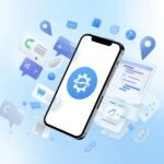 "Illustration of mobile app development showing smartphone, app icons, and development tools like code, wireframes, and platforms like Android and iOS"