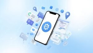 "Illustration of mobile app development showing smartphone, app icons, and development tools like code, wireframes, and platforms like Android and iOS"