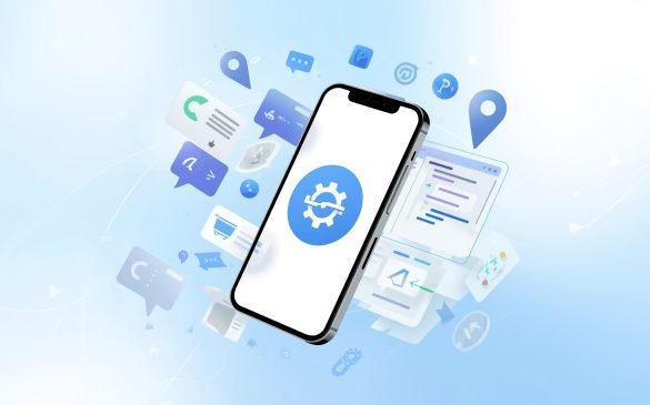"Illustration of mobile app development showing smartphone, app icons, and development tools like code, wireframes, and platforms like Android and iOS"